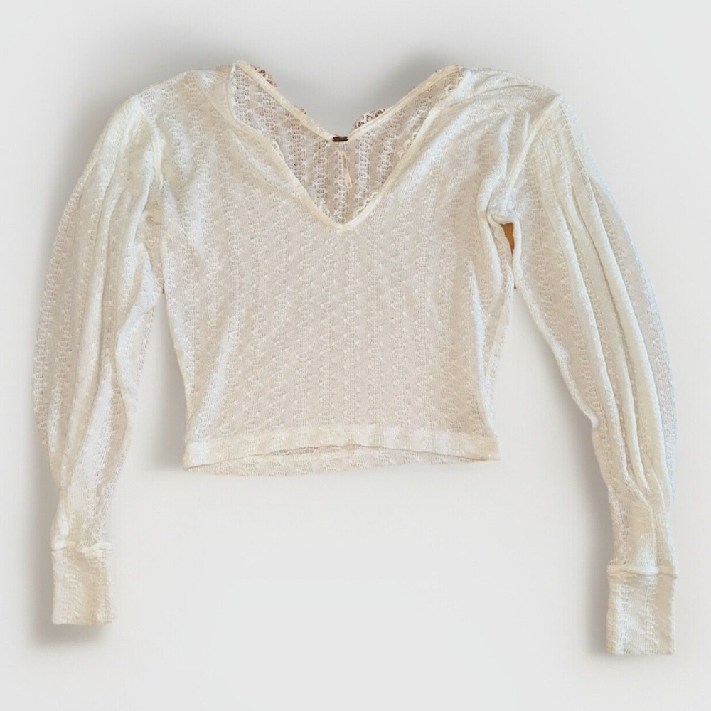 FREE PEOPLE Lace V-Neck Balloon Sleeve Sweater White Oversized XS